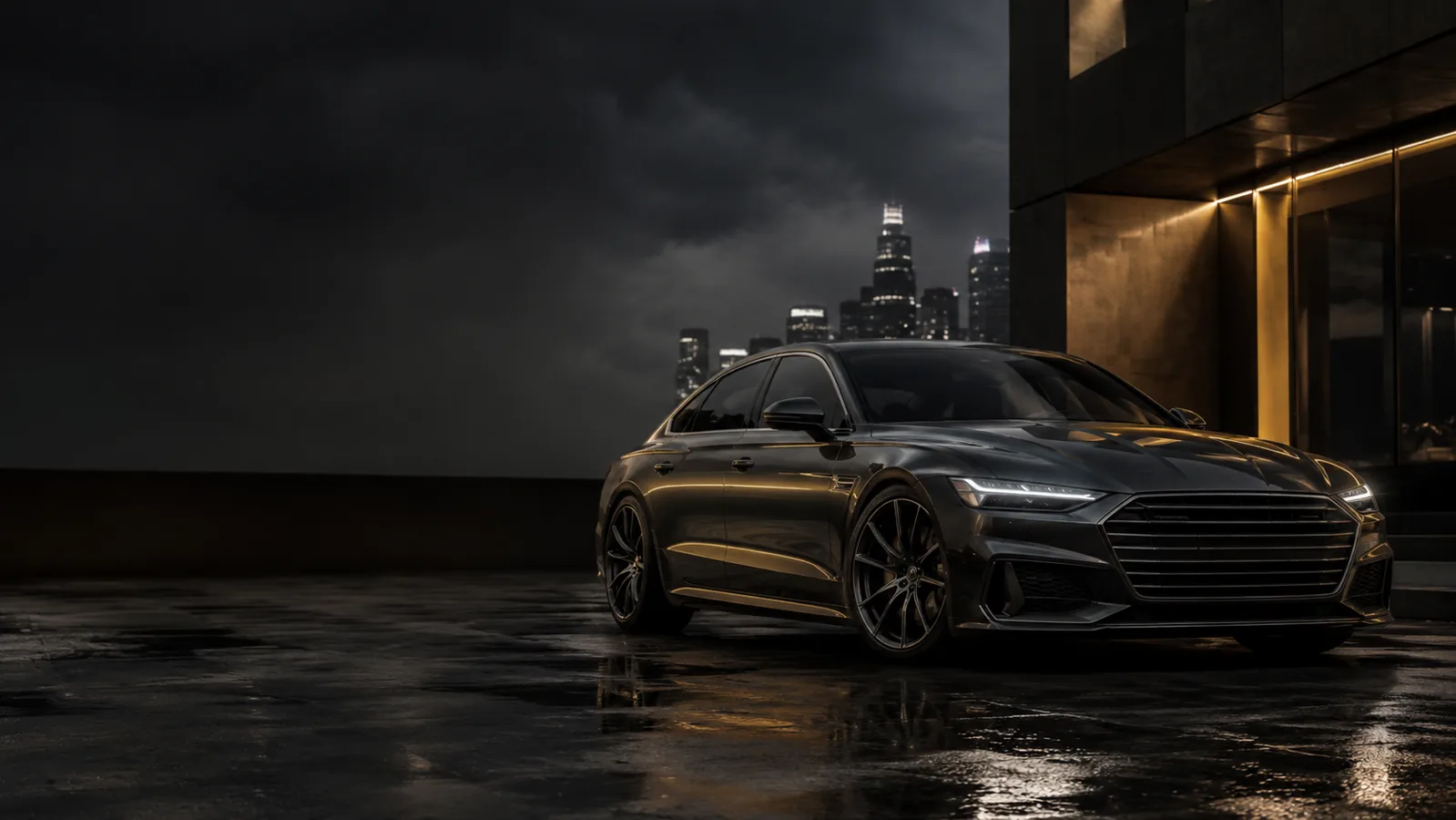 Premium German saloon in a dramatic night setting